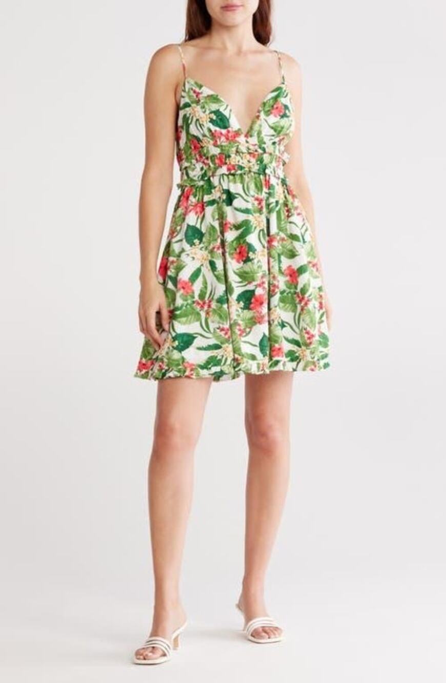 Wayf Women's Green Shirred Linen Blend Minidress